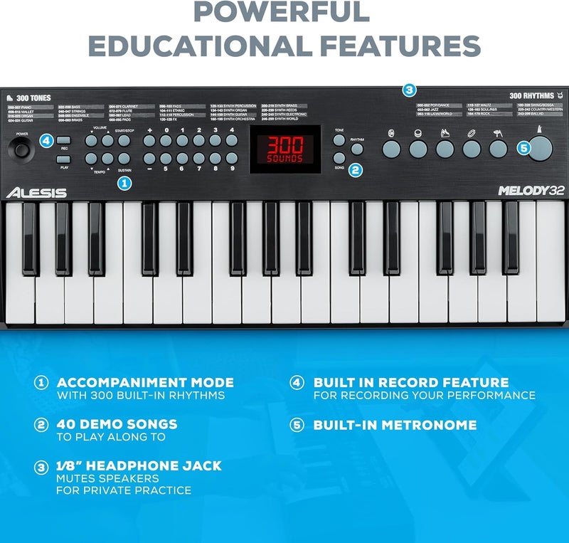 Alesis ميلودي 32 – بيانو رقمي كهربائي مع 32 مفتاح، مكبرات صوت، 300 صوت، 300 إيقاع، 40 أغنية، اتصال USB-MIDI ودروس بيانو - Image 4